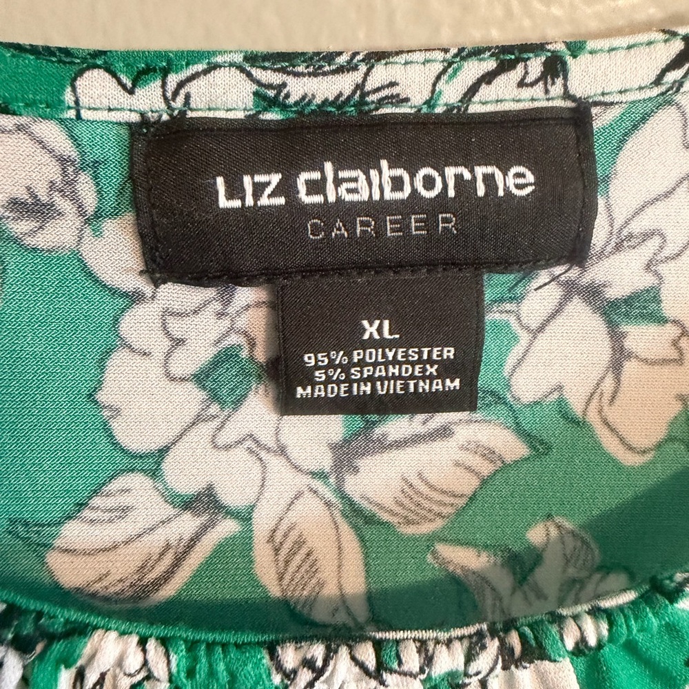Liz Claiborne Emerald Green Floral Long Bell Sleeve Tunic peasant blouse size XL - Picture 2 of 8